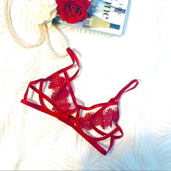 Red Embroidered Hollow Out Lingerie Set - Picture 7 of 8